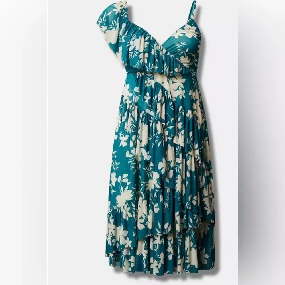 TORRID Teal White Floral Tiered Midi Mesh Ruffle Surplice Dress 12